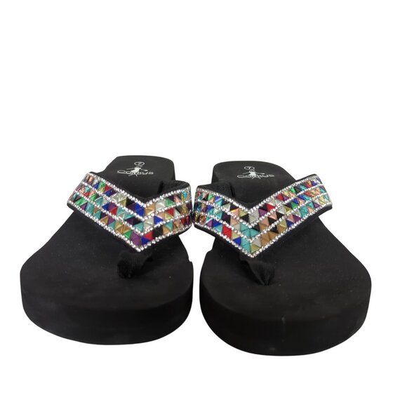 Corkys Clara Jeweled Wedge Platform Sandals Women’s Sz 7 Black Multicolor Rhines - Picture 7 of 10